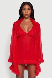 Womens Feather Trim Babydoll and G-String with Robe Set, Red, Size L