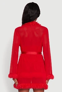 Womens Feather Trim Babydoll and G-String with Robe Set, Red, Size L