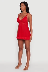 Womens Feather Trim Babydoll and G-String with Robe Set, Red, Size L