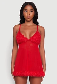 Womens Feather Trim Babydoll and G-String with Robe Set, Red, Size L
