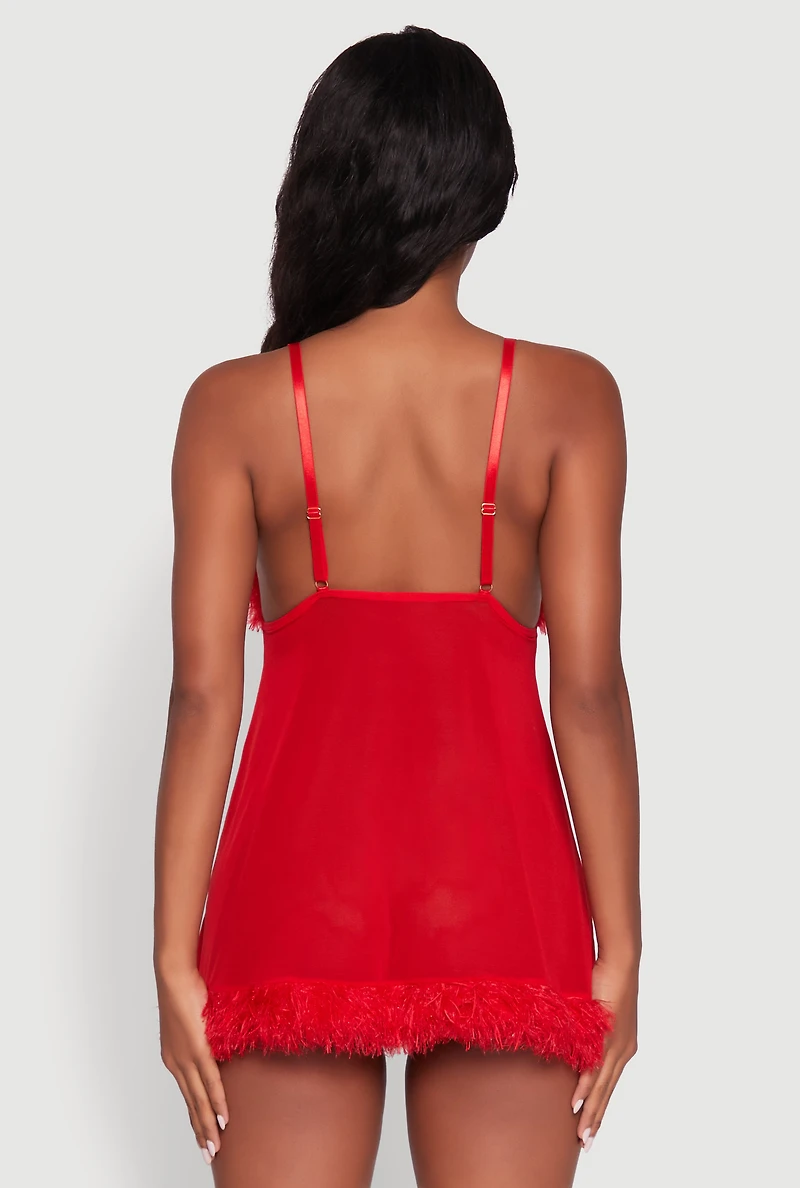 Womens Feather Trim Babydoll and G-String with Robe Set, Red, Size L
