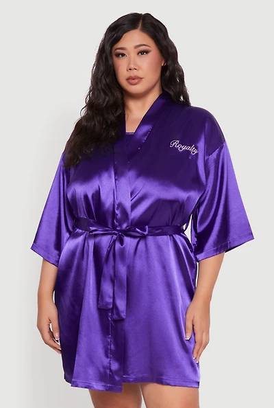 Womens Plus Lace Trim Satin Chemise with Royalty Robe, Purple,