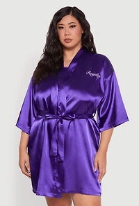 Womens Plus Lace Trim Satin Chemise with Royalty Robe, Purple,