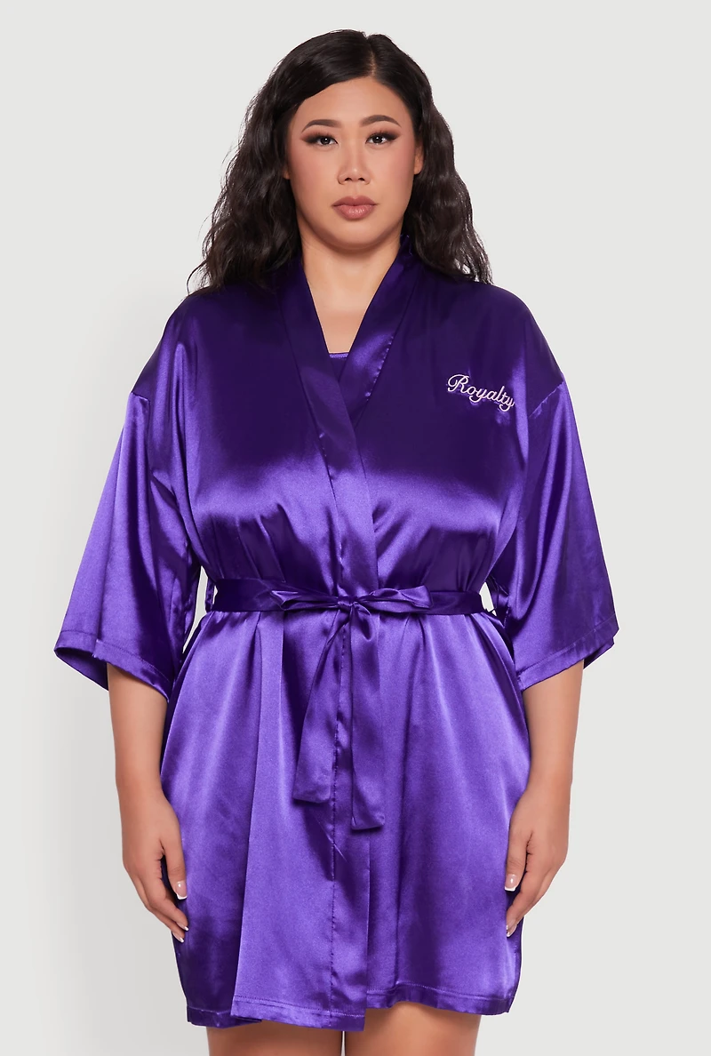 Womens Plus Size Lace Trim Satin Chemise with Royalty Robe, Purple, Size 1X