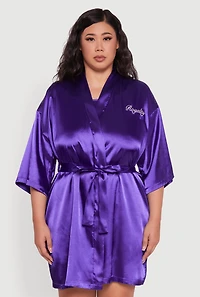 Womens Plus Size Lace Trim Satin Chemise with Royalty Robe, Purple, Size 1X