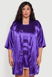 Womens Plus Size Lace Trim Satin Chemise with Royalty Robe, Purple, Size 1X