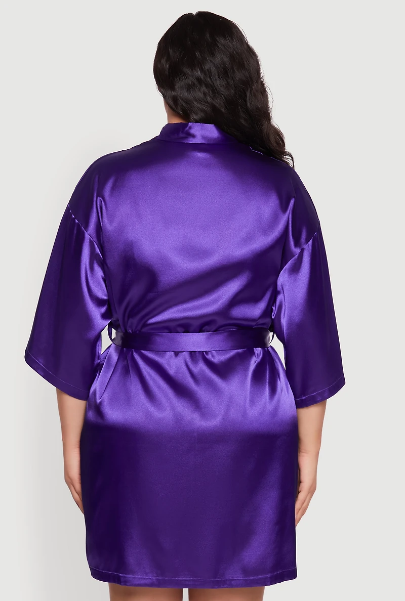 Womens Plus Size Lace Trim Satin Chemise with Royalty Robe, Purple, Size 1X