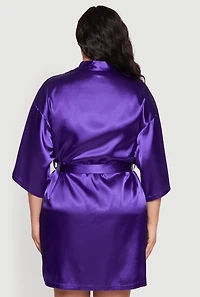 Womens Plus Size Lace Trim Satin Chemise with Royalty Robe, Purple, Size 1X