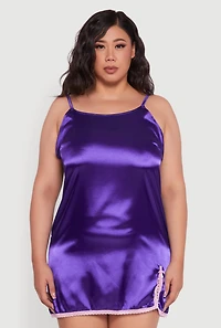 Womens Plus Size Lace Trim Satin Chemise with Royalty Robe, Purple, Size 1X