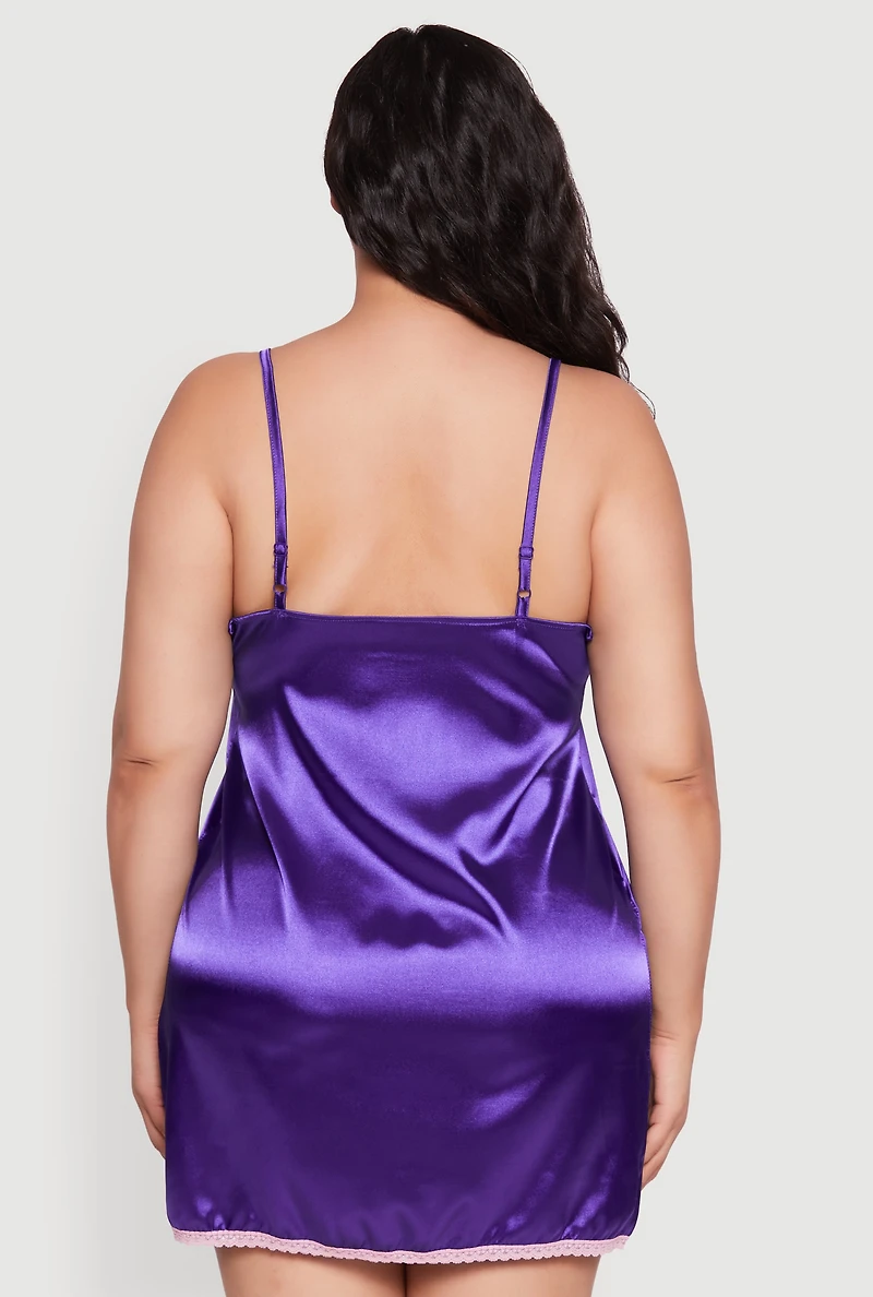 Womens Plus Lace Trim Satin Chemise with Royalty Robe, Purple,