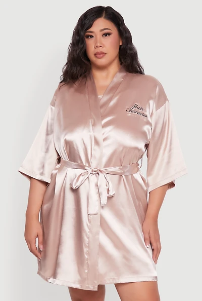 Womens Plus Size Main Character Embroidered Robe and Cami Nightgown, Beige, Size 3X