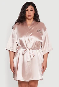 Womens Plus Size Main Character Embroidered Robe and Cami Nightgown, Beige, Size 3X