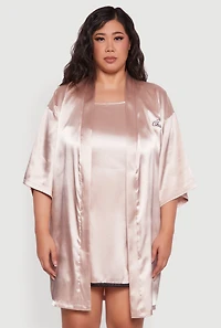 Womens Plus Size Main Character Embroidered Robe and Cami Nightgown, Beige, Size 3X