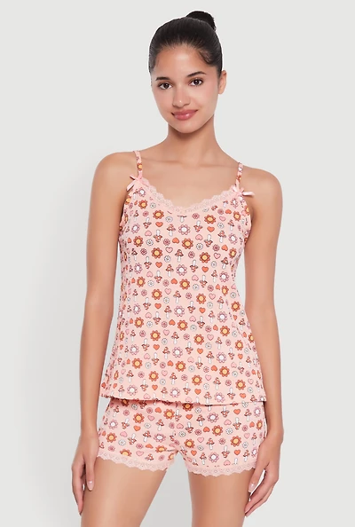 Womens Trendy Lace Trim Pajama Cami and Shorts 2-Piece Set, Orange,
