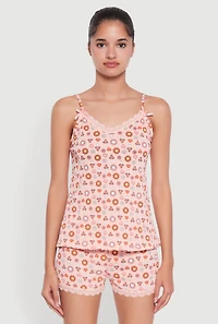 Womens Trendy Lace Trim Pajama Cami and Shorts 2-Piece Set, Orange,