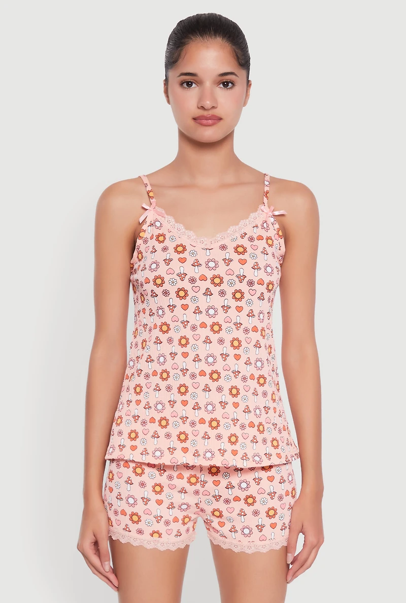 Womens Trendy Lace Trim Pajama Cami and Shorts 2-Piece Set, Orange, Size S