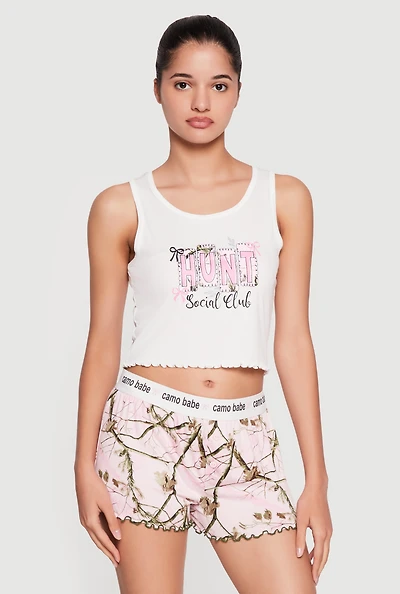 Social Club Graphic Cropped Pajama Tank Top and Shorts Set