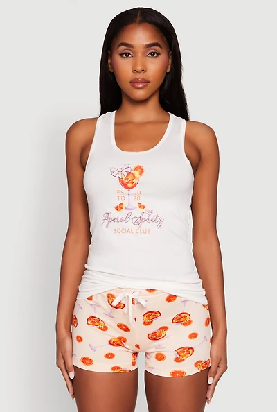 Womens Aperol Spritz Graphic Pajama Tank Top and Shorts, Multi, Size S