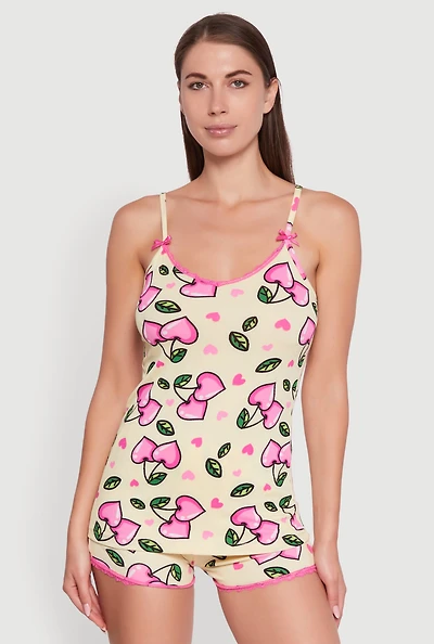 Womens Cherry Heart Print Lace Detail Pajama Cami and Shorts, Yellow, Size L