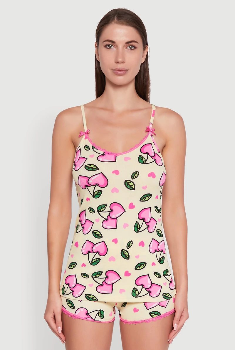 Womens Cherry Heart Print Lace Detail Pajama Cami and Shorts, Yellow, Size L