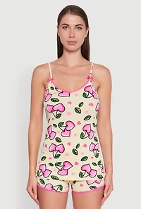 Womens Cherry Heart Print Lace Detail Pajama Cami and Shorts, Yellow, Size L