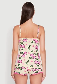 Womens Cherry Heart Print Lace Detail Pajama Cami and Shorts, Yellow, Size L