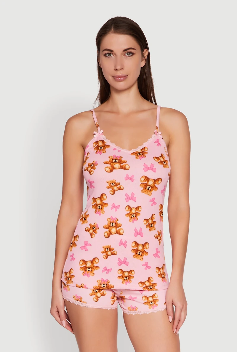 Womens Teddy Bear Bow Print Pajama Cami and Shorts Set, Pink,