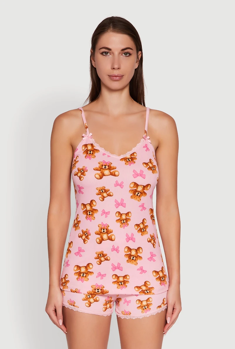 Womens Teddy Bear Bow Print Pajama Cami and Shorts Set, Pink, Size XL
