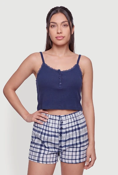 Lace Trim Pajama Cami and Plaid Shorts