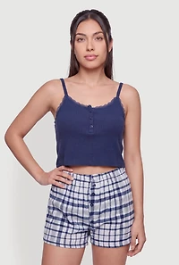 Lace Trim Pajama Cami and Plaid Shorts