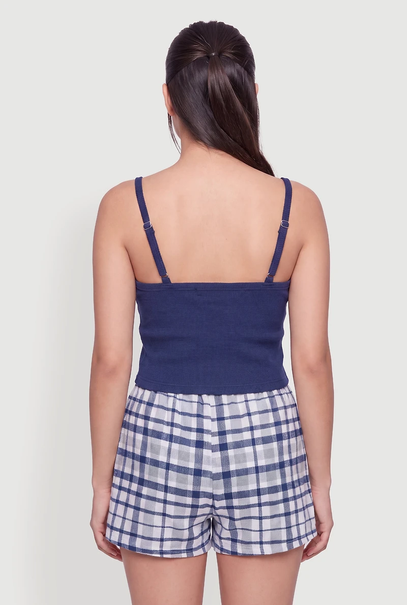 Lace Trim Pajama Cami and Plaid Shorts
