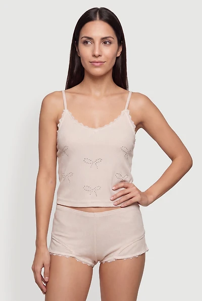 Rhinestone Bow Graphic Lace Detail Pajama Cami and Boyshorts