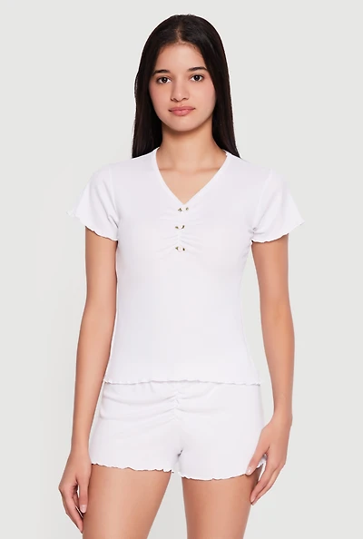 Flower Button Ribbed Knit Pajama Top and Shorts