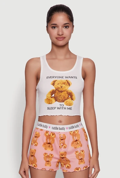 Womens Trendy Graphic Ribbed Knit Sleeveless Pajama Set with Teddy Bear Print, Multi,