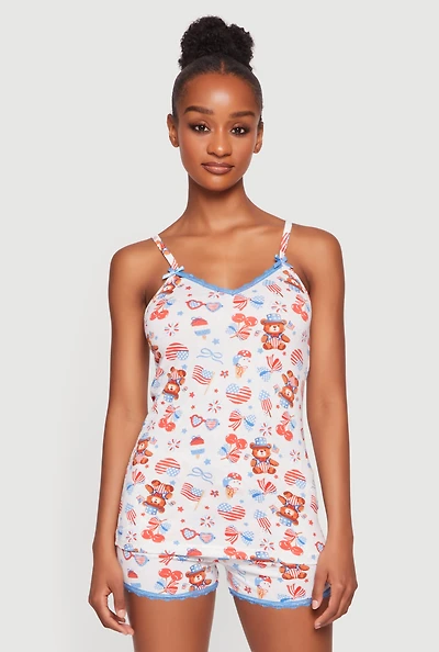 Contrast Lace Trim Americana Print Pajama Cami and Shorts