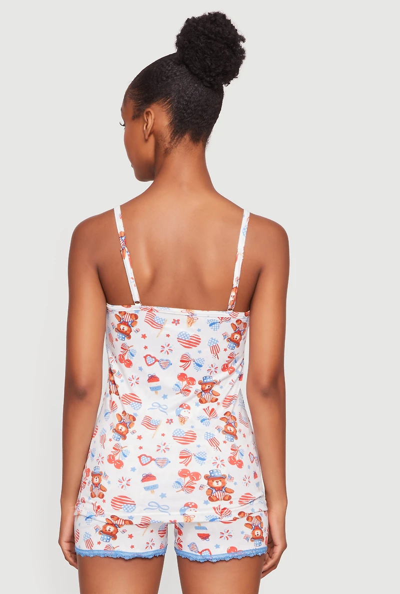 Contrast Lace Trim Americana Print Pajama Cami and Shorts