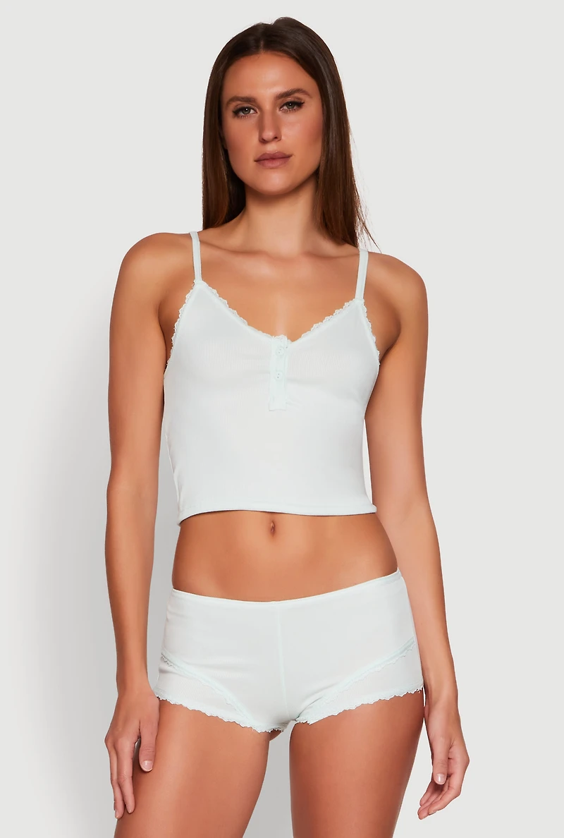 Lace Trim Henley Pajama Cami and Shorts Set