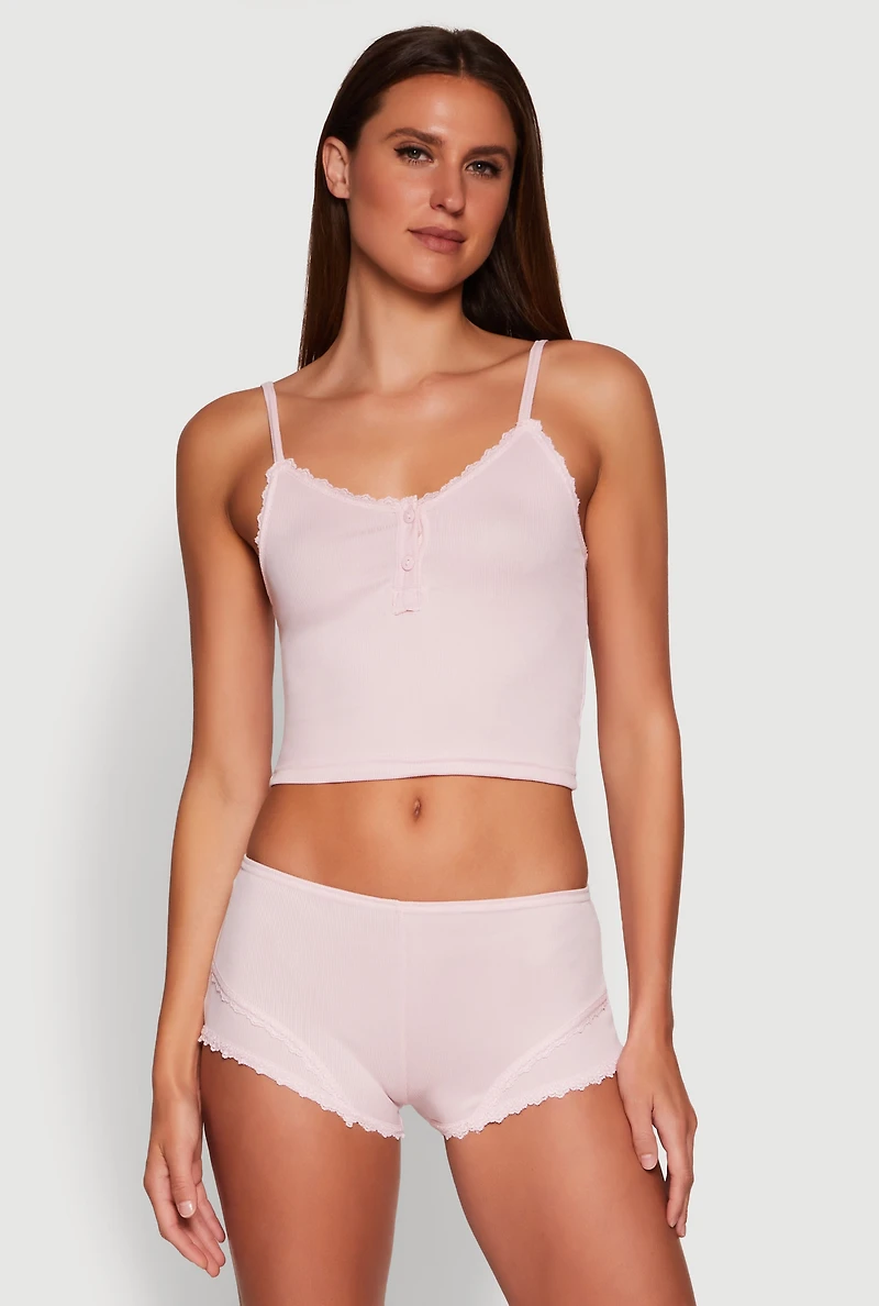 Womens Lace Trim Henley Pajama Cami and Shorts Set, Pink, Size XL