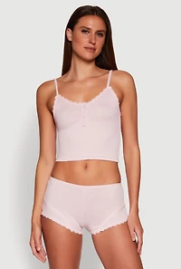 Womens Lace Trim Henley Pajama Cami and Shorts Set, Pink, Size XL