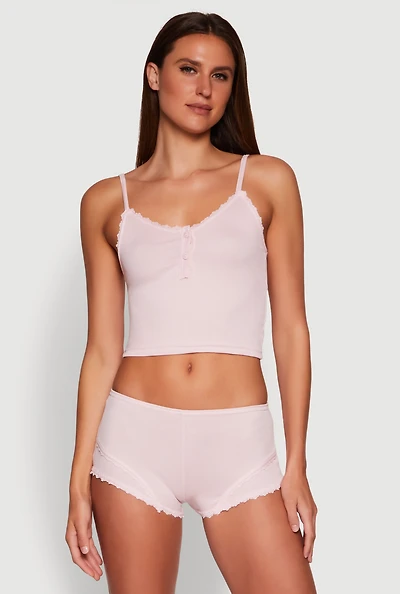 Womens Lace Trim Henley Pajama Cami and Shorts Set, L