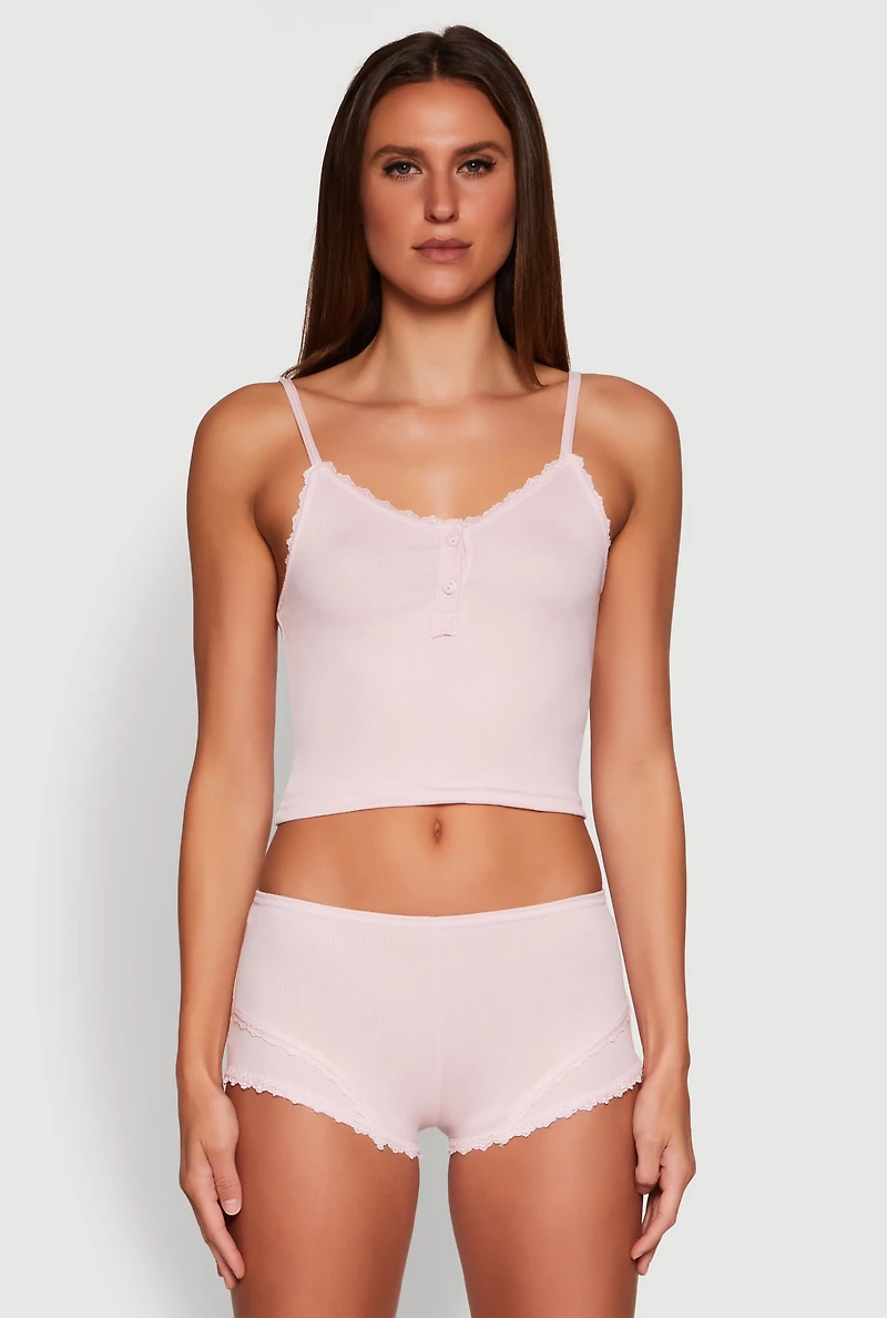 Womens Lace Trim Henley Pajama Cami and Shorts Set, L