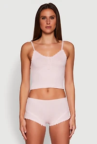 Womens Lace Trim Henley Pajama Cami and Shorts Set, L