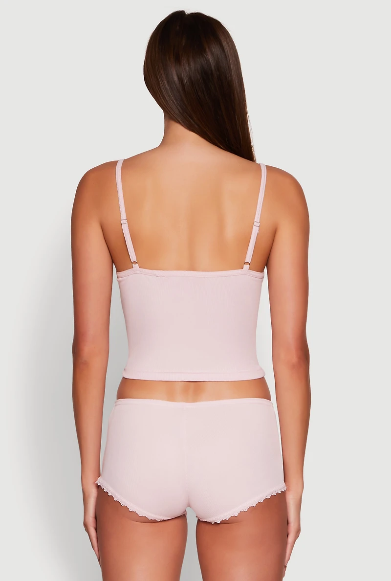 Womens Lace Trim Henley Pajama Cami and Shorts Set,