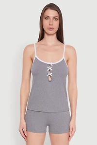 Womens Bow Keyhole Pajama Cami and Shorts, Grey, Size M