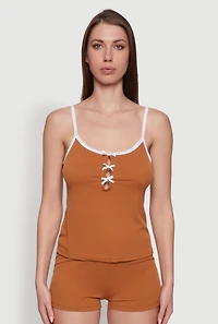 Womens Bow Keyhole Pajama Cami and Shorts, Brown, Size XL