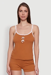 Womens Bow Keyhole Pajama Cami and Shorts, Brown, Size XL