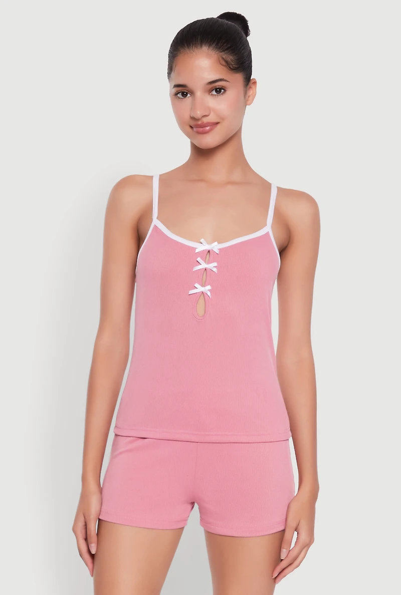 Womens Bow Keyhole Pajama Cami and Shorts, Pink, Size M