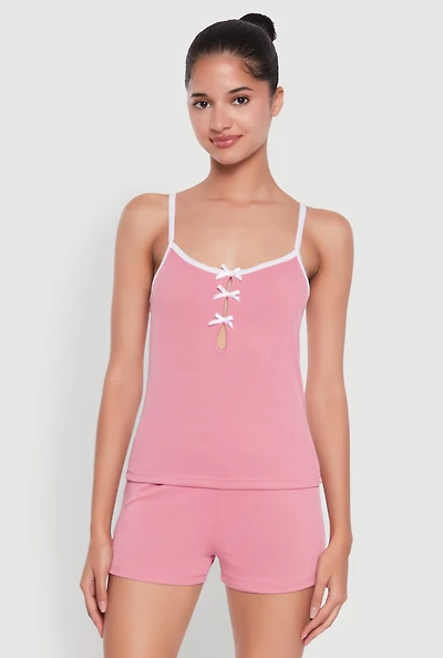 Womens Bow Keyhole Pajama Cami and Shorts, Pink, Size M