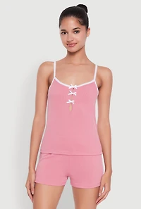 Womens Bow Keyhole Pajama Cami and Shorts, Pink, Size M