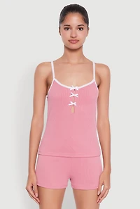 Womens Bow Keyhole Pajama Cami and Shorts, Pink, Size M